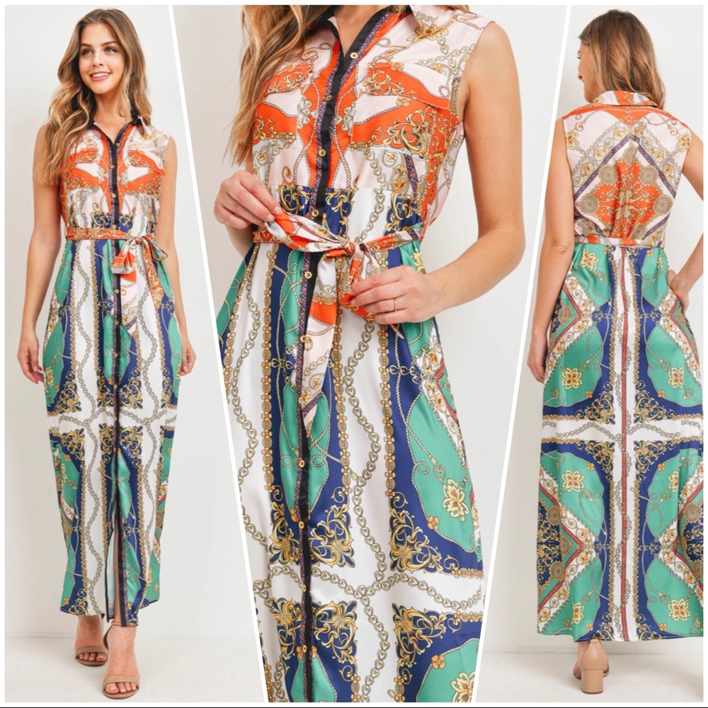Small Medium Women's Luxury Brocade Maxi Sash Print Maxi Dress